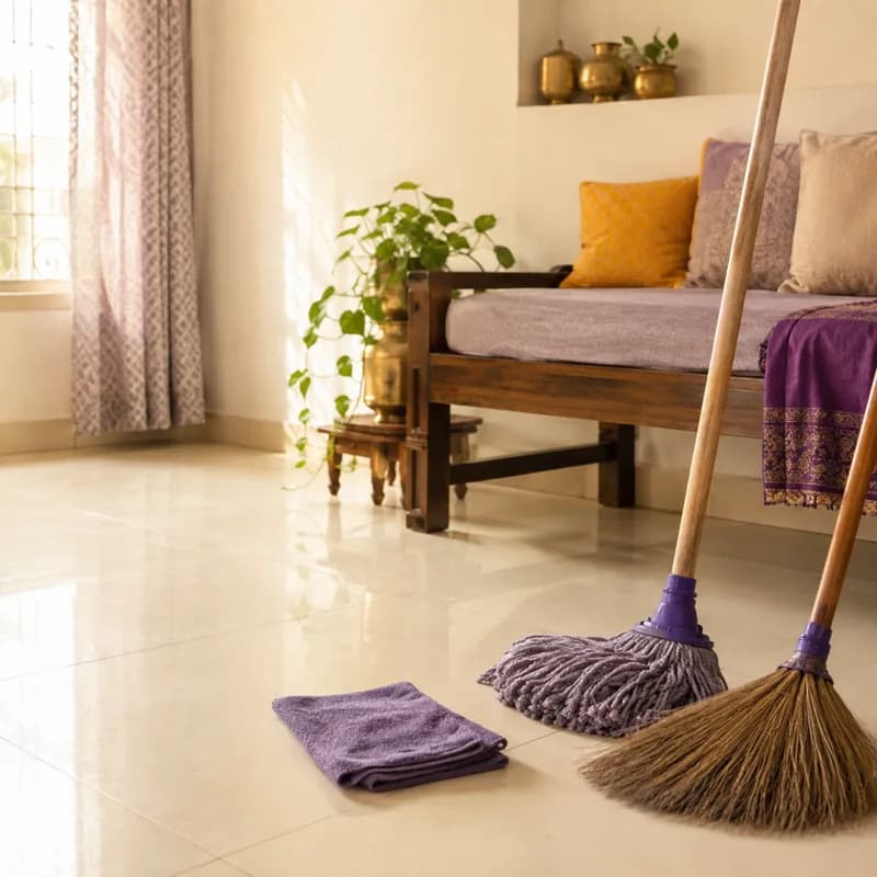 Broom, mop and cloth on a freshly cleaned floor