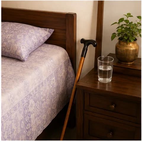 A walking stick and glass of water beside a neatly made bed