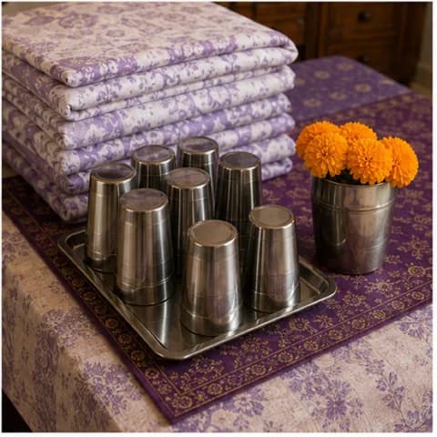Extra linens and steel glasses ready for guests