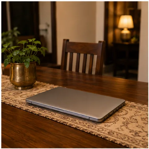 A closed laptop on a dining table in a tidy Nashik home